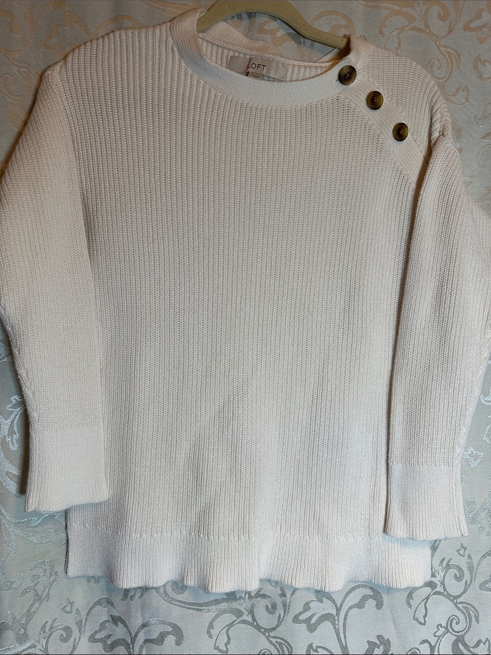 LOFT Cream Crewneck Sweater with Shoulder Buttons